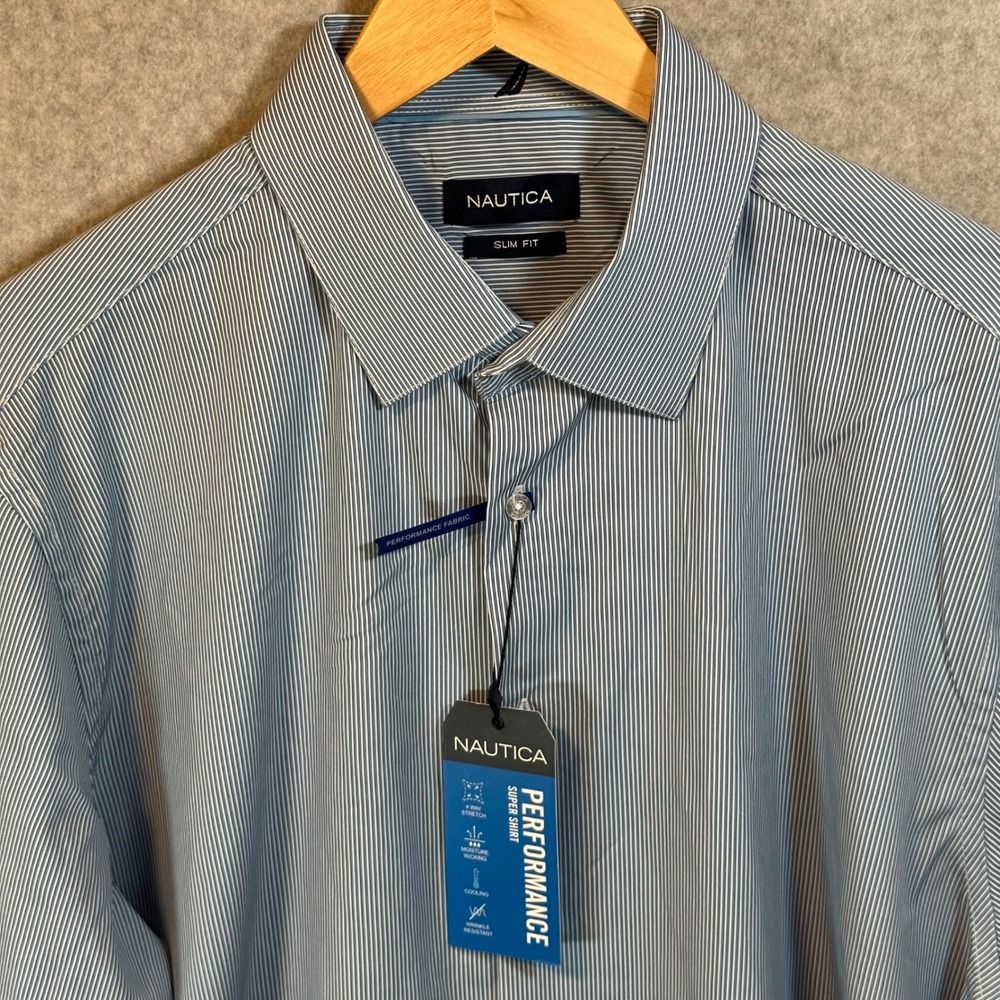 Nautica Mens Performance Super Shirt Slim Fit Blue White Stripe XL 17-17.5 34/35